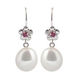 14K W.Gold Earrings with Genuine Pearl and Ruby